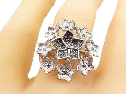 925 Sterling Silver  Vintage Genuine Blue Diamonds Cocktail Ring Sz 9  RG4287