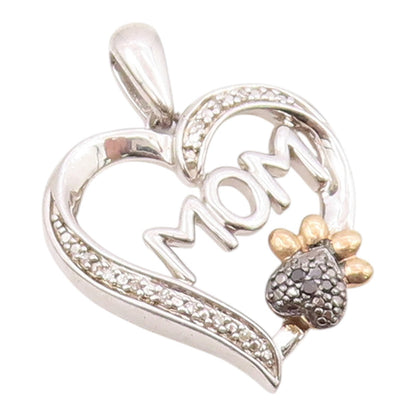 925 Silver & 10K GOLD  Genuine Black & White Diamonds Heart Pendant  PT12537