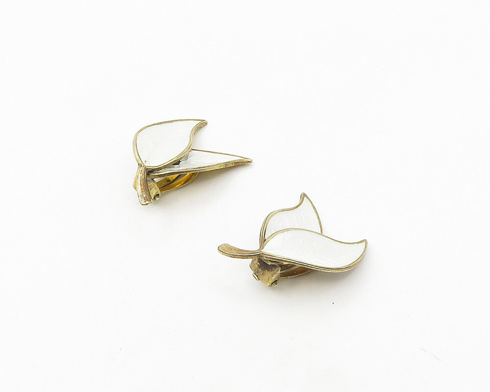 MEKA DENMARK 925 Silver  Vintage Enamel Floral Leaf Non Pierce Earrings EG9241
