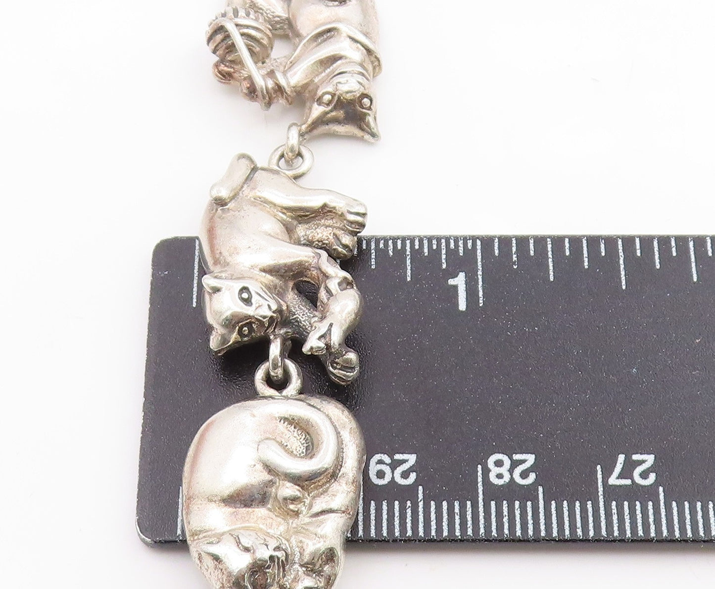 925 Sterling Silver Vintage Bracelet MEXICO Figural Playing Cats Link  BT12046
