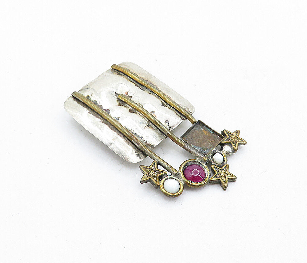 925 Sterling Silver  Vintage Mother Of Pearl & Topaz 2 Tone Brooch Pin  BP2097