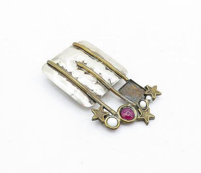 925 Sterling Silver  Vintage Mother Of Pearl & Topaz 2 Tone Brooch Pin  BP2097