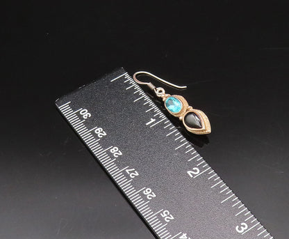 925 Silver  Vintage Oval Blue Topaz & Pear Shaped Onyx Drop Earrings  EG12224