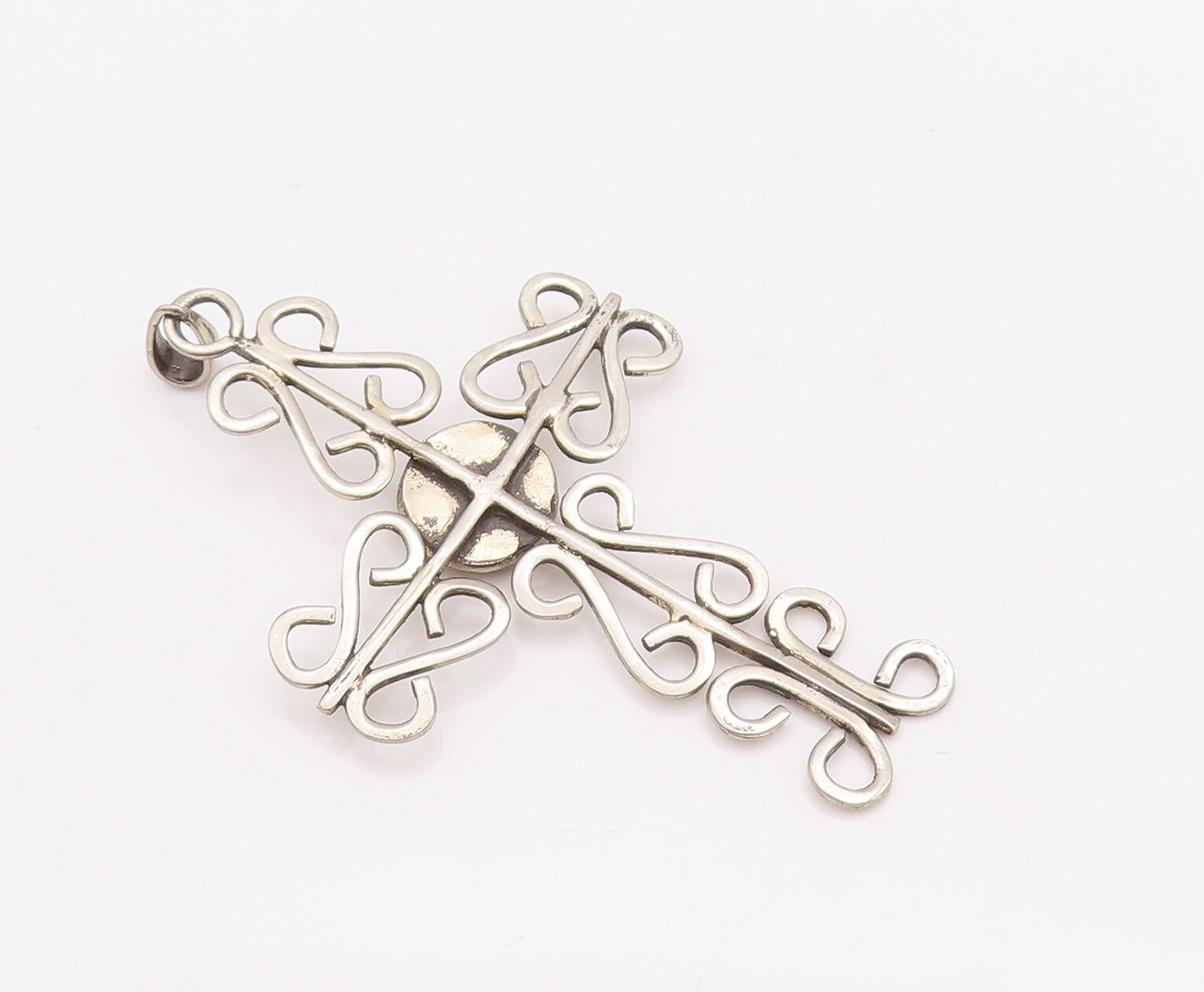 925 Sterling Silver Vintage Pendant Religious Swirly Carved Onyx Cross  PT22945