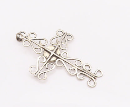 925 Sterling Silver Vintage Pendant Religious Swirly Carved Onyx Cross  PT22945