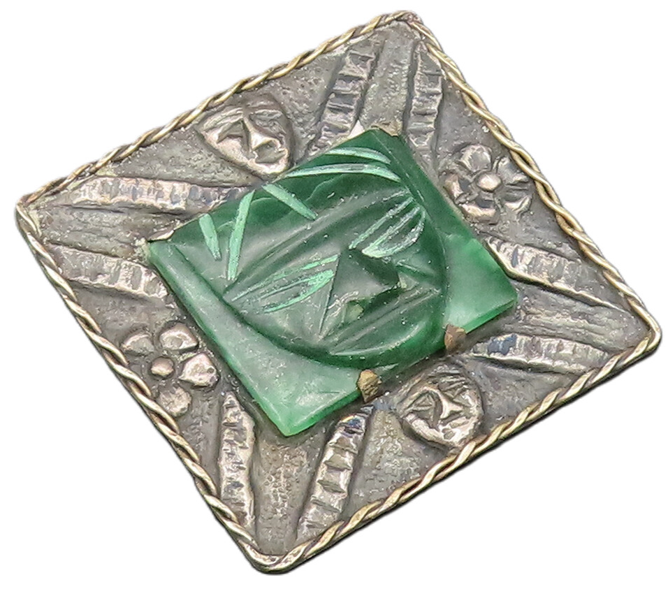 925 Silver  Vintage Antique Carved Malachite Theater Mask Brooch Pin  BP9777