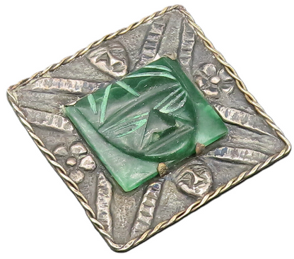 925 Silver  Vintage Antique Carved Malachite Theater Mask Brooch Pin  BP9777