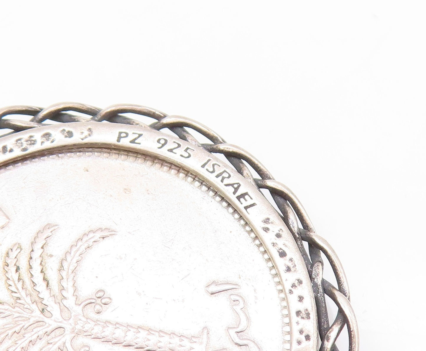 925 Sterling Silver Vintage Pendant Antique Carved Old Israel Coin  PT24228