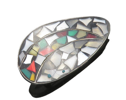 ISRAEL 925 Sterling Silver  Vintage Mother Of Pearl Mosaic Brooch Pin  BP7057