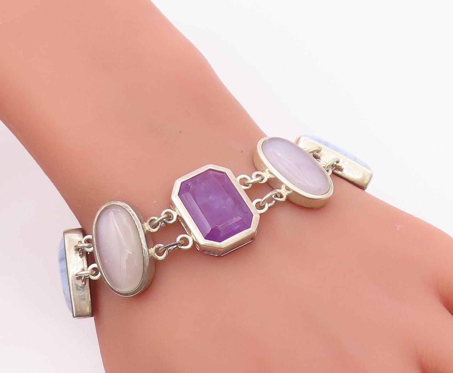 925 Sterling Silver Vintage Bracelet WHITNEY KELLY Multi Gemstone Link  BT12115