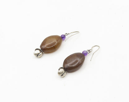 925 Sterling Silver  Vintage Agate & Amethyst Bead Dangle Earrings  EG9290
