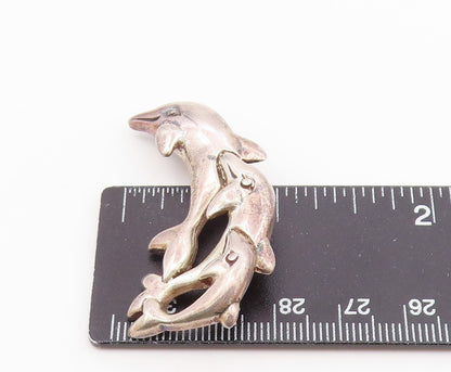 925 Sterling Silver  Vintage Shiny Triple Leaping Dolphins Brooch Pin  BP3505