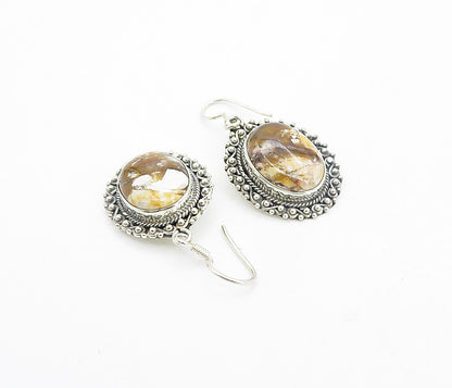 925 Sterling Silver  Vintage Cabochon Cut Brown Jasper Dangle Earrings  EG3632