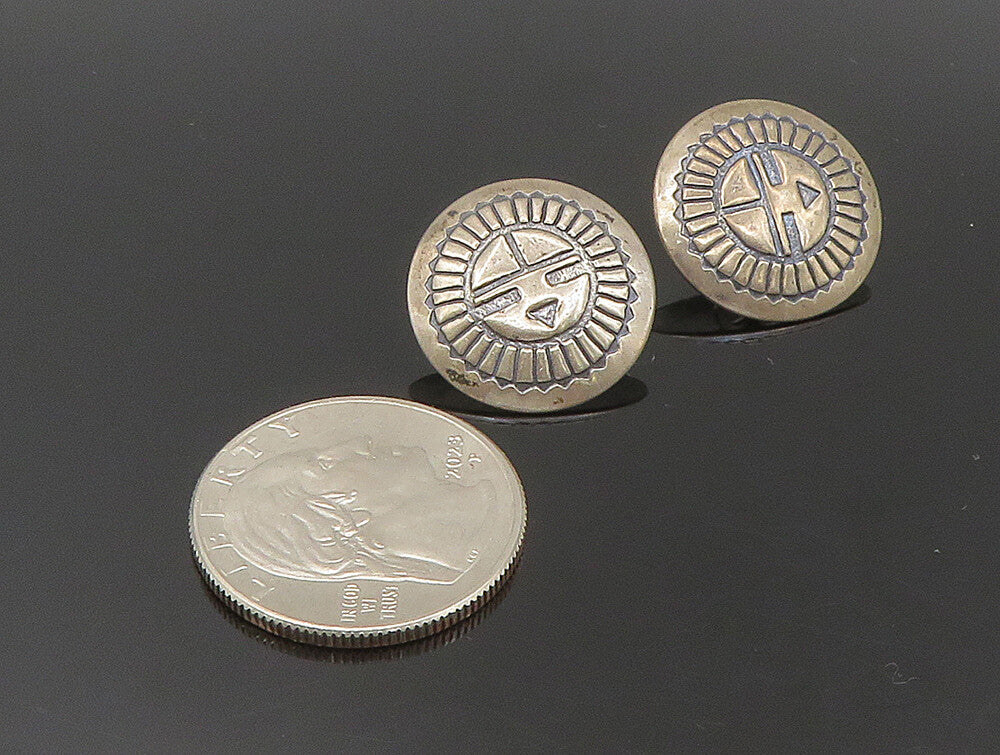 SOUTHWESTERN 925 Sterling Silver Vintage Etched Face Motif Stud Earrings EG11623