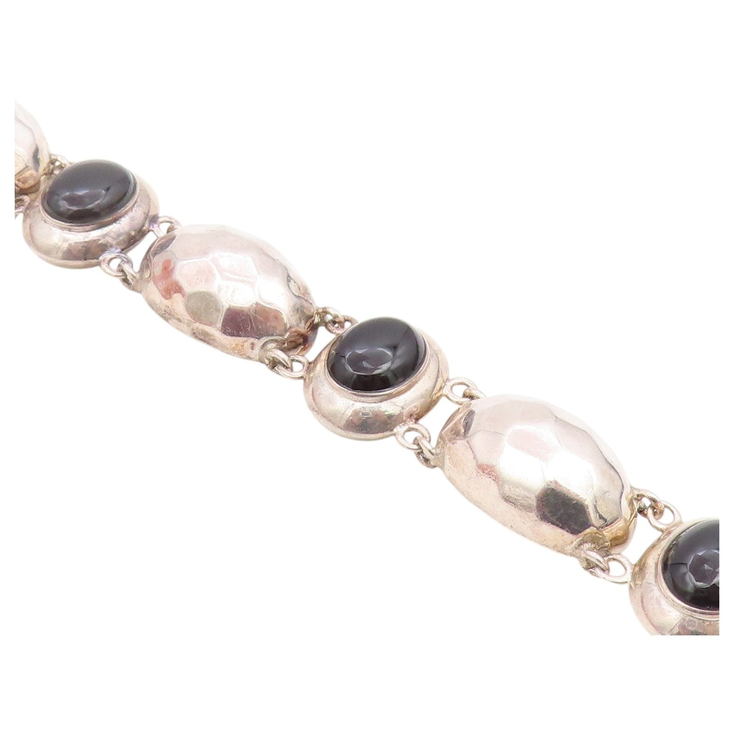 925 Sterling Silver Vintage Bracelet Black Onyx Hammered Puffy Dome Link BT12186