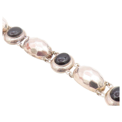 925 Sterling Silver Vintage Bracelet Black Onyx Hammered Puffy Dome Link BT12186