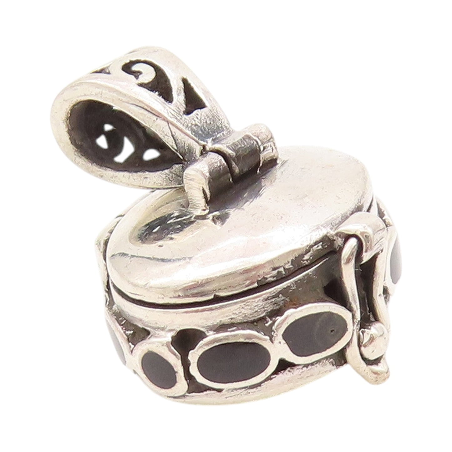 925 Sterling Silver Vintage Pendant Solid Onyx Carved Box OPENS  PT24300