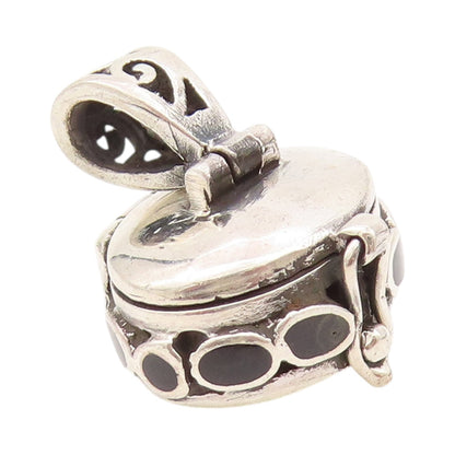 925 Sterling Silver Vintage Pendant Solid Onyx Carved Box OPENS  PT24300