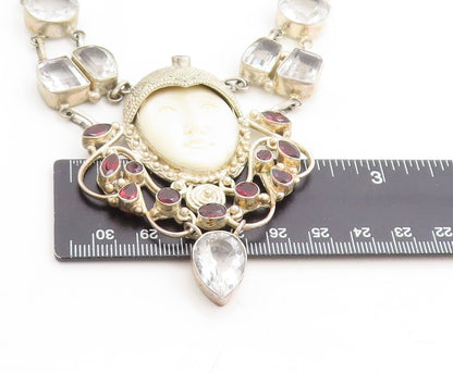 925 Silver  Vintage Red & White Topaz Carved Face Chain Necklace  NE1245
