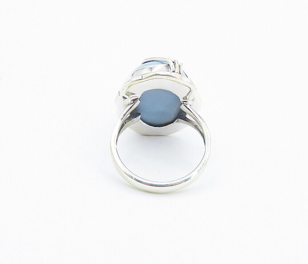 925 Sterling Silver  Cabochon Cut Blue Agate Swirl Cocktail Ring Sz 7  RG8512