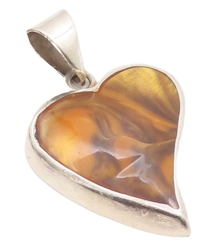 925 Sterling Silver Vintage Pendant MEXICO Solid Tiger's Eye Inlay Heart PT23458