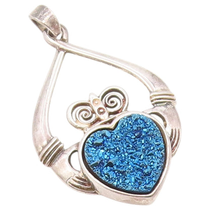 925 Sterling Silver Vintage Pendant IRELAND Drusy Quartz Claddagh Heart  PT26473