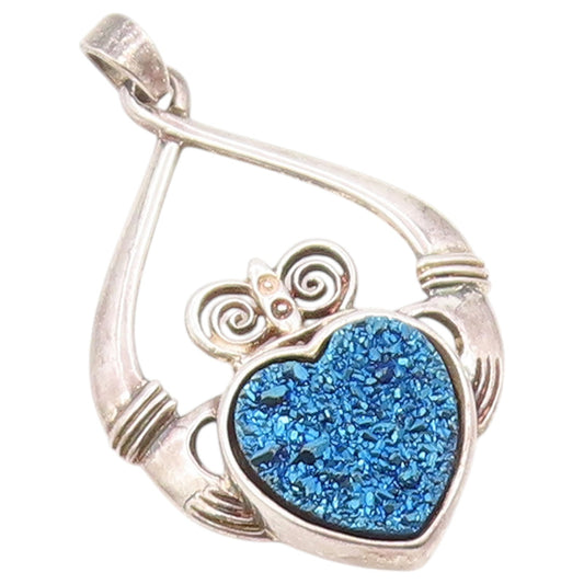 925 Sterling Silver Vintage Pendant IRELAND Drusy Quartz Claddagh Heart  PT26473