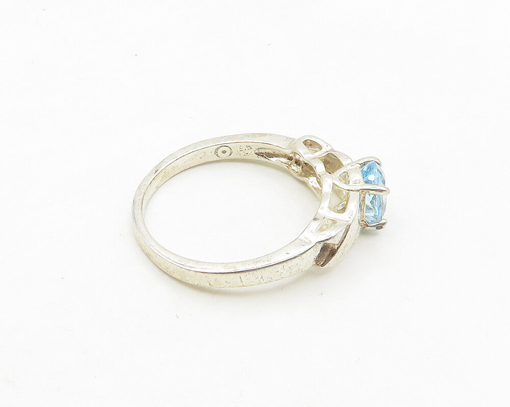 925 Sterling Silver  Vintage Prong Set Blue Topaz Shiny Band Ring Sz 8 RG19015
