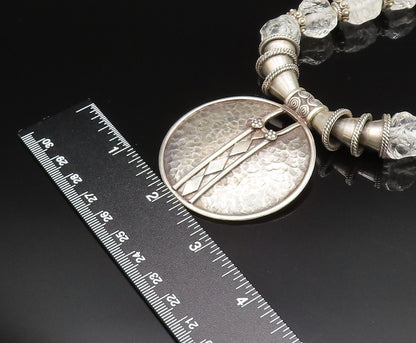 Solid Silver Vintage Heavy Hammered Circle Beaded Clear Stone Necklace  NE3916