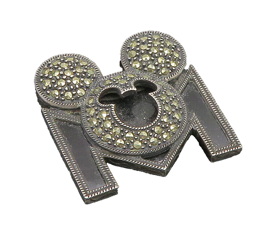 JUDITH JACK 925 Silver  Vintage Onyx & Marcasite Mickey Ears Brooch Pin BP9547