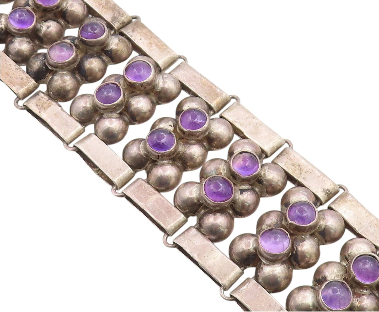 925 Sterling Silver Vintage Bracelet TAXCO Cabochon Amethyst Bead Link  BT12077