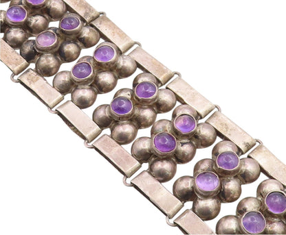925 Sterling Silver Vintage Bracelet TAXCO Cabochon Amethyst Bead Link  BT12077