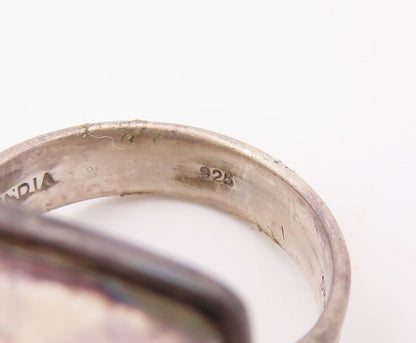 925 Sterling Silver Vintage Ring Rectangle Green Gemstone Inlay  Sz 7  RG30178
