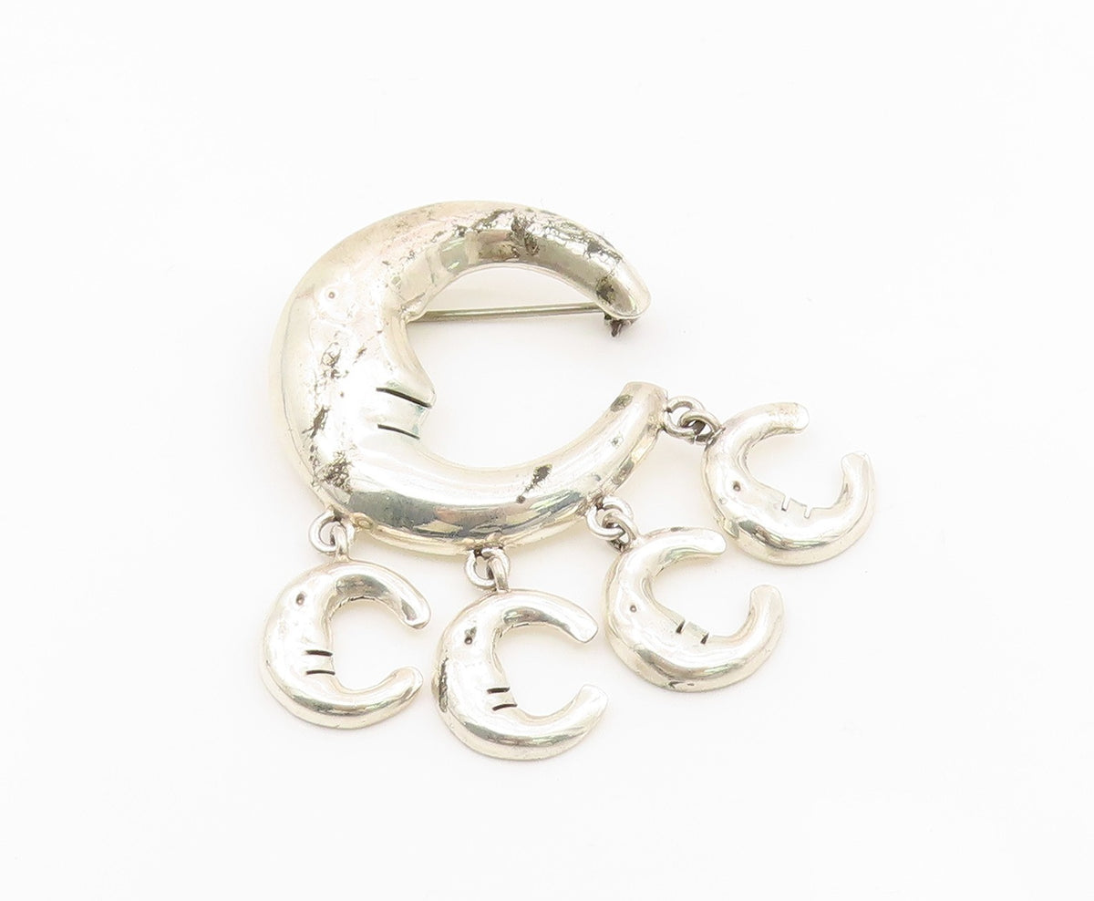 925 Sterling Silver Vintage Brooch MEXICO Celestial Crescent Moon Dangle BP12133