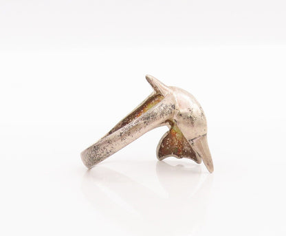 925 Sterling Silver Vintage Ring Solid Carved Diving Delphine  Sz 8  RG28212