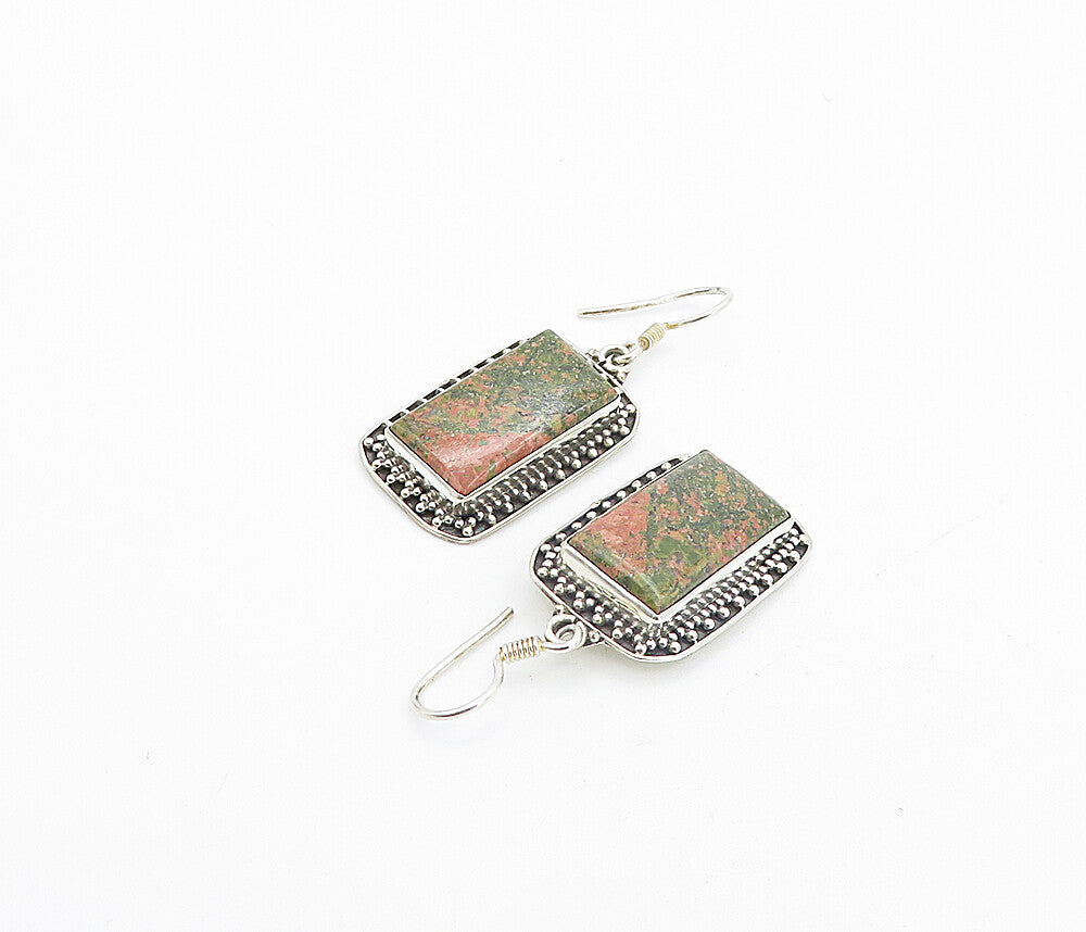 925 Sterling Silver  Vintage Unakite Square Bordered Dangle Earrings  EG3519