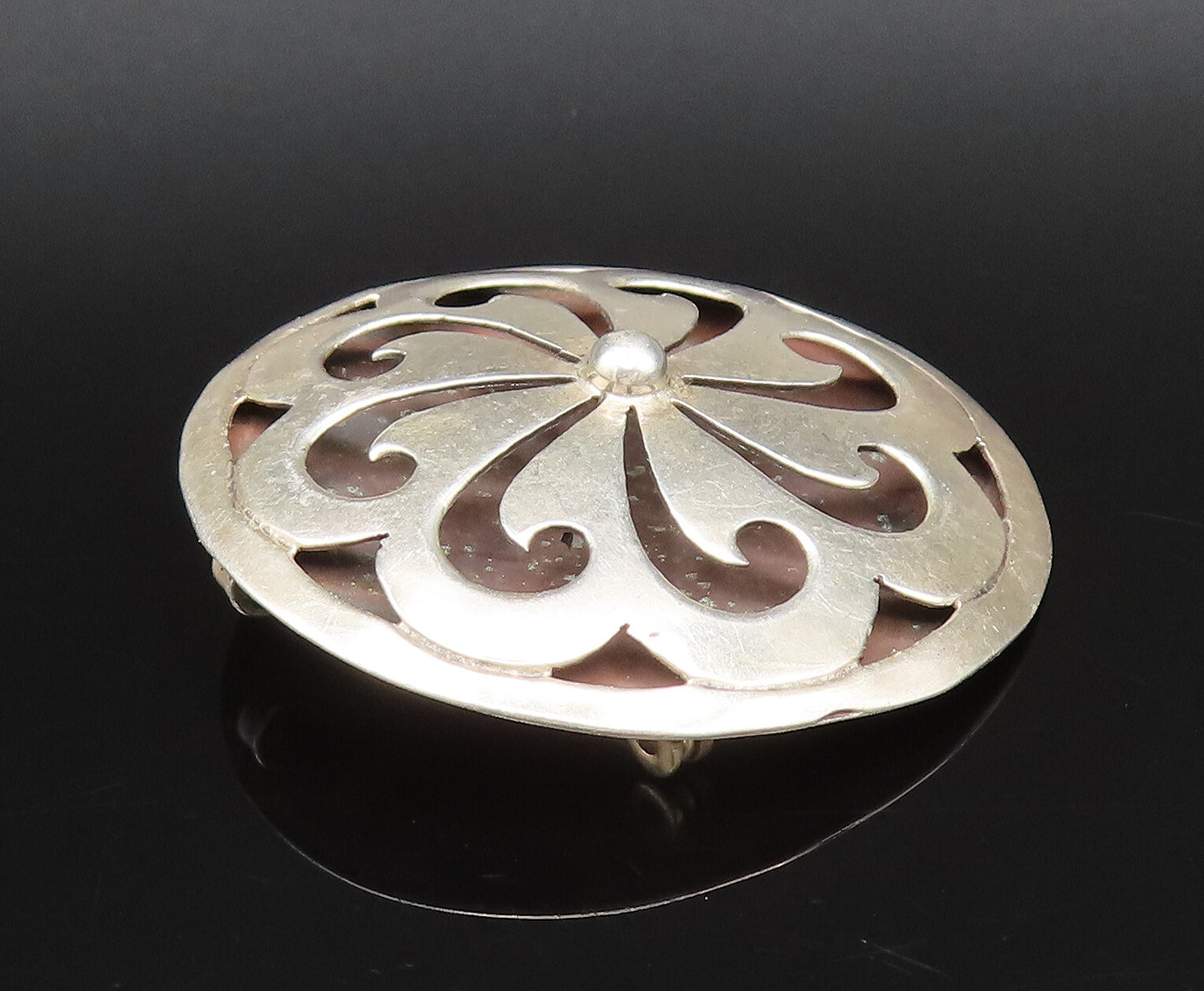 MEXICO 925 Silver  Vintage Carved Floral Spiral Pinwheel Brooch Pin  BP10089