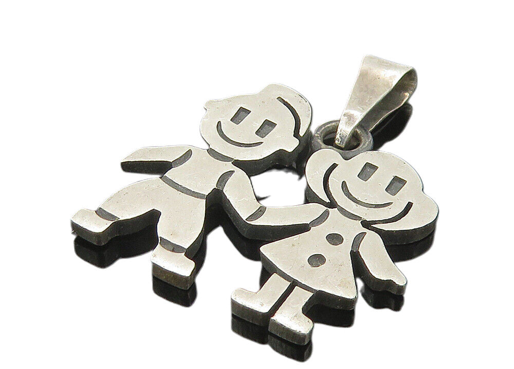 MEXICO 925 Sterling Silver  Vintage Happy Little Girl & Boy Pendant  PT9209