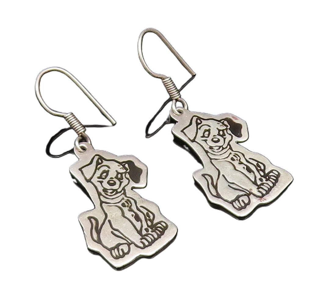 MEXICO 925 Silver  Vintage Engraved Disney 101 Dalmatian Dog Earrings  EG12100
