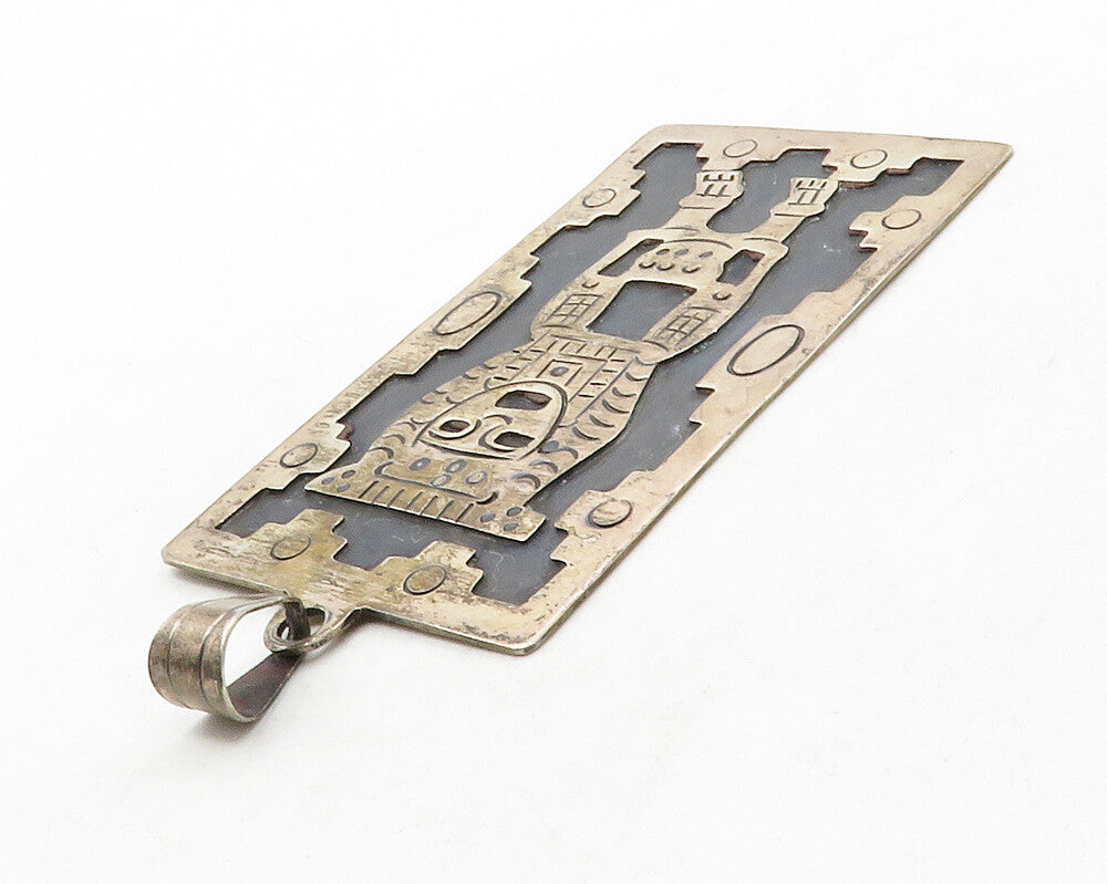 MEXICO 925 Silver  Vintage Oxidized Traditional Figure Square Pendant  PT10452