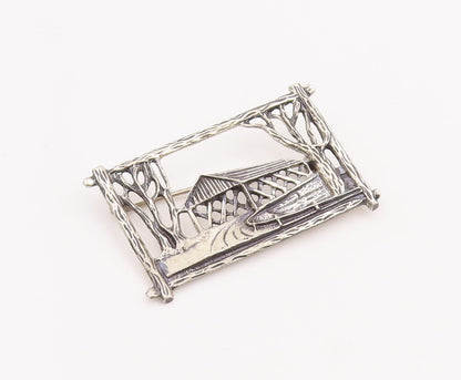 925 Sterling Silver Vintage Brooch Pin BEAU Cutout County House  BP11138