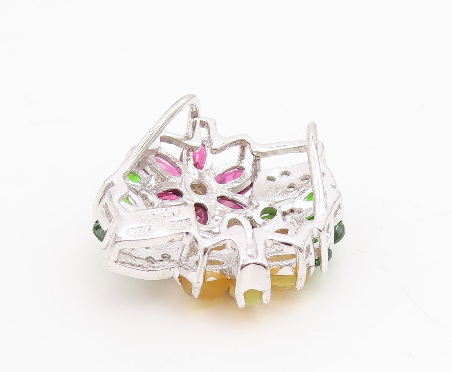 925 Sterling Silver Vintage Pendant Elegant Multi Gemstone Floral Charm  PT25856