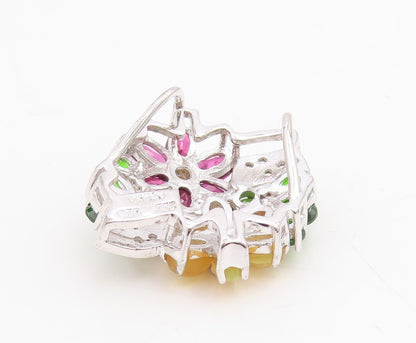 925 Sterling Silver Vintage Pendant Elegant Multi Gemstone Floral Charm  PT25856