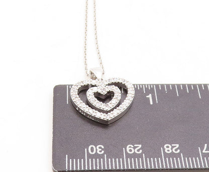 925 Sterling Silver  Shiny Topaz Open Double Love Heart Chain Necklace  NE2041