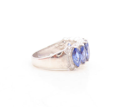 925 Sterling Silver Vintage Ring Marquise Cut Sapphire & CZ Inlay Sz 7.5 RG30089