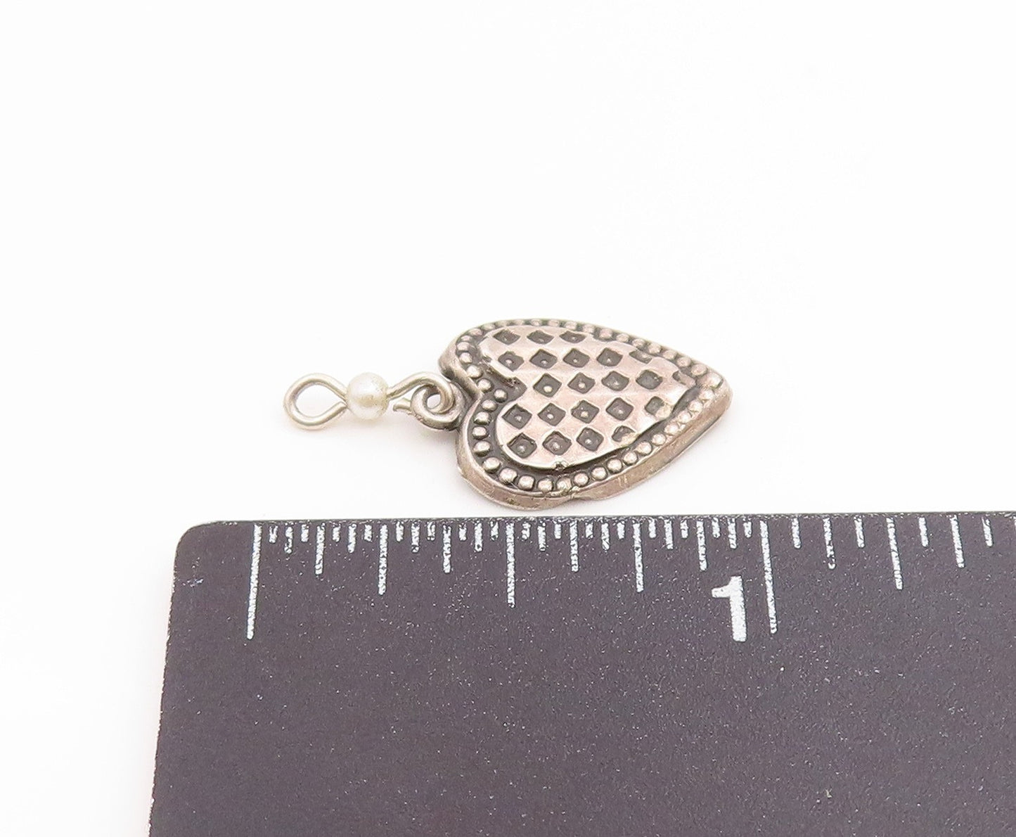 925 Sterling Silver Vintage Petite Pearl Checkered Love Heart Pendant  PT16466