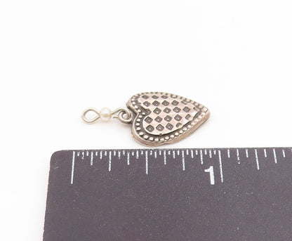 925 Sterling Silver Vintage Petite Pearl Checkered Love Heart Pendant  PT16466