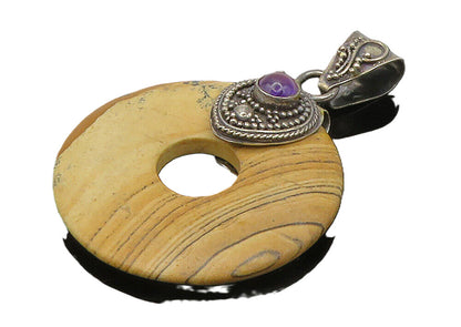 925 Sterling Silver  Vintage Jasper & Amethyst Open Circle Pendant  PT12057