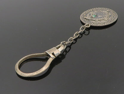 925 Sterling Silver  Vintage Carved Colombia Map Emerald Key Chain  TR3271