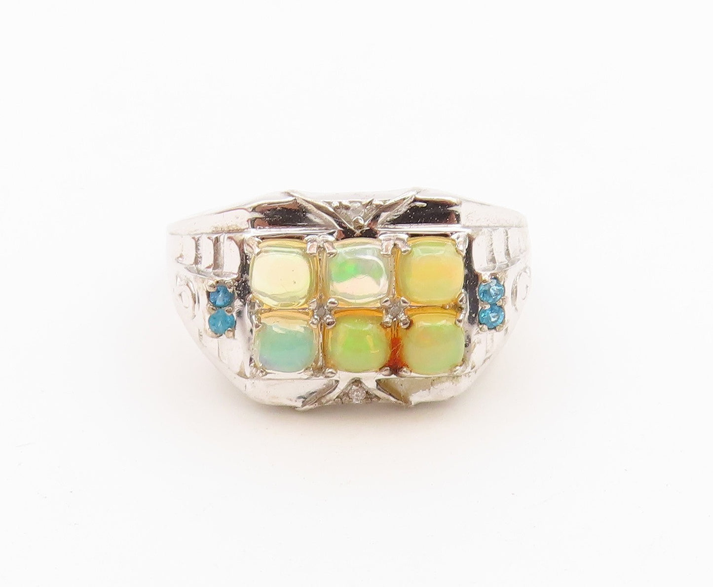 925 Sterling Silver Vintage Ring Fire Opal & Topaz Geometric Band Sz 12 RG36642